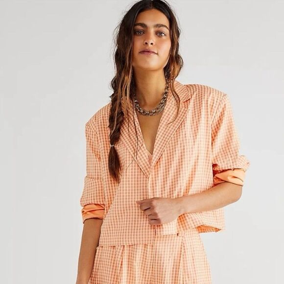 The Ragged Priest Gingham Print Blazer Jacket Orange - Picture 1 of 11